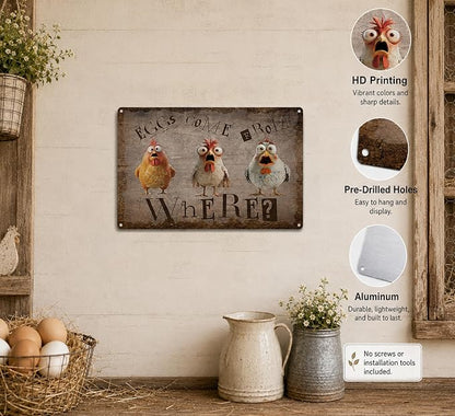 Funny Chicken Metal Sign, Rustic Farmhouse Eggs Come From Where Wall Decor, Humorous Hen Rooster Art Plaque for Chicken Coop Home Farm Kitchen Decor 8x12 Inch