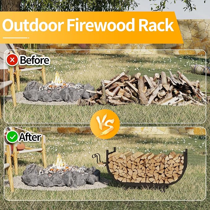 PROWORX Curved Firewood Rack Outdoor Indoor, Black 30 Inch Rustproof Fire Wood Storage Organizer, Metal Fireplace Log Holder with Removable Kindling Hooks