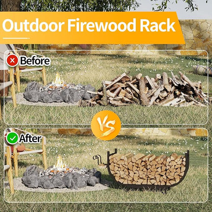 PROWORX Curved Firewood Rack Outdoor Indoor, Black 30 Inch Rustproof Fire Wood Storage Organizer, Metal Fireplace Log Holder with Removable Kindling Hooks