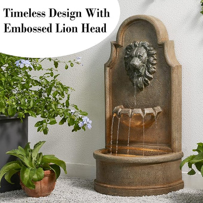 Glitzhome 3-Tier Outdoor Water Fountain with LED Light, Oversized Vintage European Style Lion Head Waterfall Fountains, Rustic Faux Granite Fountain for Garden Patio Deck Porch, 31.75”H