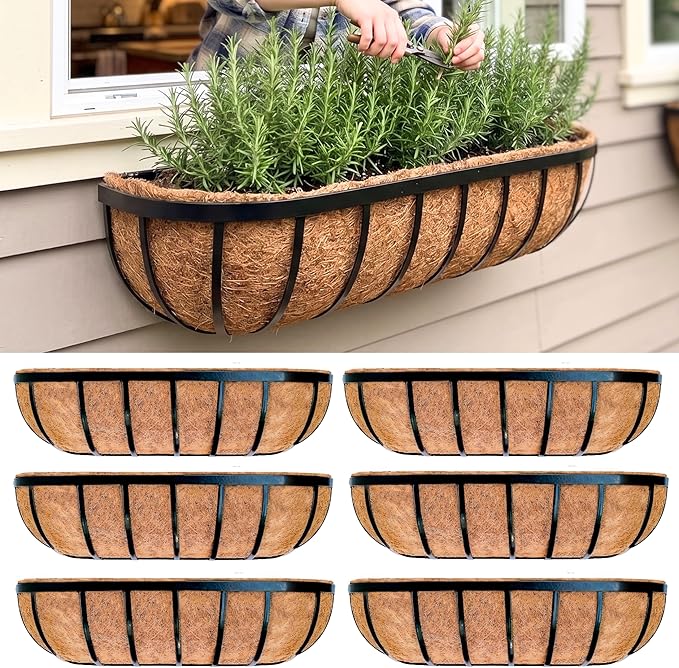 LaLaGreen Deck Railing Planter Boxes for Plants (24 Inch, 6 Pack) Metal Wall Planters for Outdoor Plants, Black Window Flower Boxes Deck Railings with Coco Liner Fence Balcony Patio Porch Over Rail