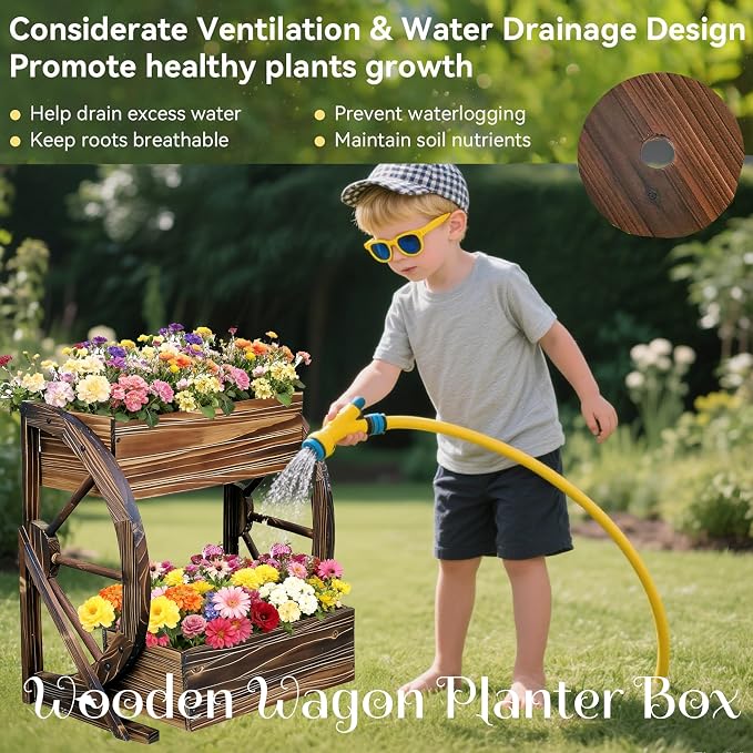 NestNature Wooden Wagon Planter Box|Rustic Planter Use On Indoor&Outdoor | 2-Tier Medium Solid Wood Planter-Flower Pot Use On Patio,Porch,Garden-Raised Garden Bed For Succulents, Herbs, Vegetables