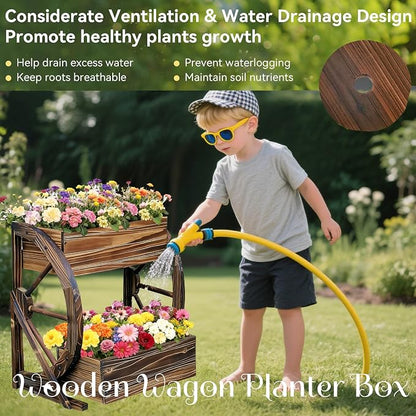 NestNature Wooden Wagon Planter Box|Rustic Planter Use On Indoor&Outdoor | 2-Tier Medium Solid Wood Planter-Flower Pot Use On Patio,Porch,Garden-Raised Garden Bed For Succulents, Herbs, Vegetables