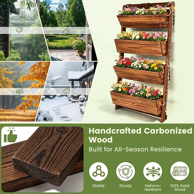 4-Tier Wooden Garden Raised Bed with 11-Mode LED Lights and Timer | 51"H Vertical Wall-Leaning Planter with Tilt-Out Boxes& Drainage Holes for Vegetables Herbs Flowers Patio