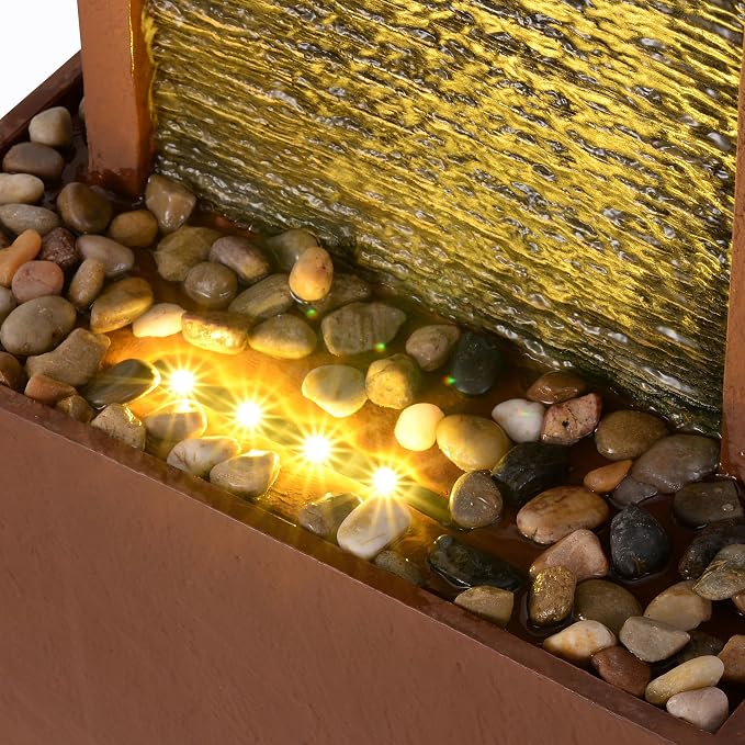 Teamson Home 38.5" Faux Slate Contemporary Outdoor LED Waterfall Fountain with Pebble Base, Red Rock | Contemporary, Pebble Base