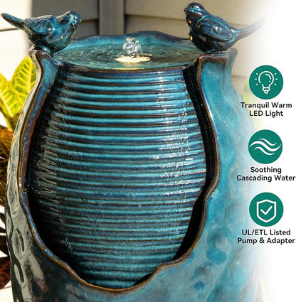 Autodaya 25" H Jar Ceramic Outdoor Water Fountain with LED Lights and Birds | Elegant Turquoise Glaze with Bubble-Like Texture, Decorative Garden Water Feature, cascading water flow for yard sanctuary