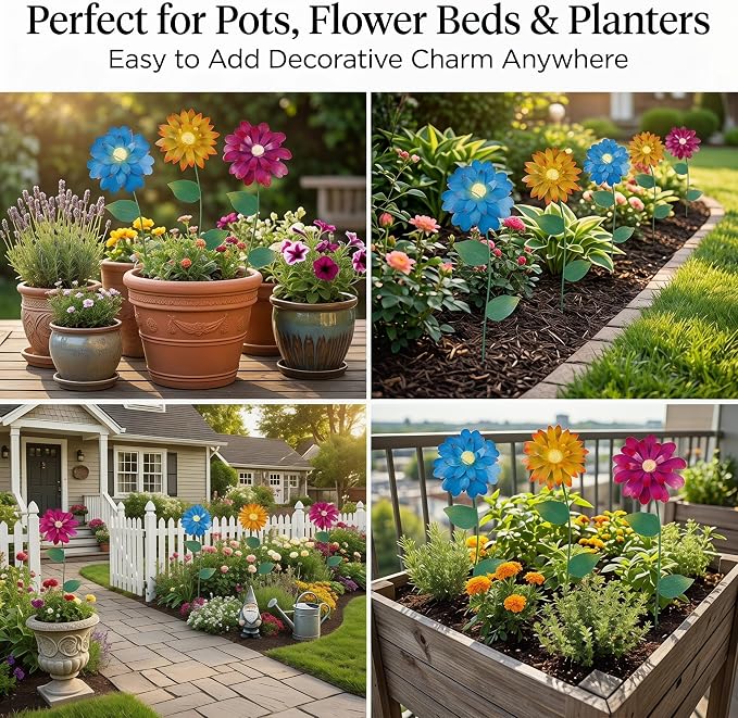 Garden Decor for Outside, 3 Pack Metal Flower Garden Stakes with Glow Beads, Swaying Yard Art for Lawn, Patio, Flower Beds & Outdoor Garden Decorations