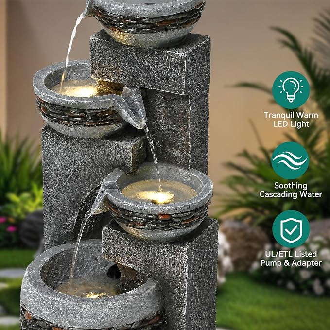 19.5" H 4-Tier Indoor & Outdoor Water Fountain with LED Lights | Resin Pebble Textured Tabletop Cascading Water Feature, Relaxing Decor for Patio, Porch, Deck, Yard & Home