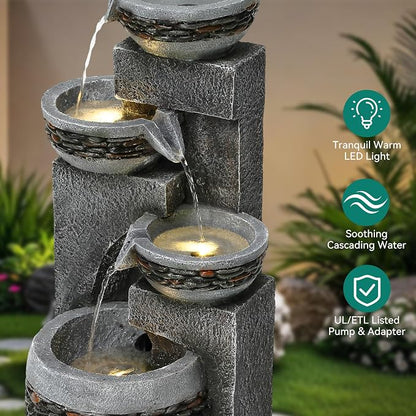 19.5" H 4-Tier Indoor & Outdoor Water Fountain with LED Lights | Resin Pebble Textured Tabletop Cascading Water Feature, Relaxing Decor for Patio, Porch, Deck, Yard & Home