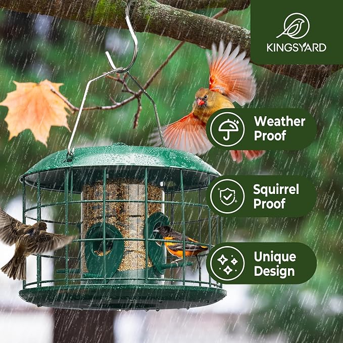 Kingsyard Tube Squirrel Proof Bird Feeders for Outdoor Hanging, Metal Caged | Rain Proof Covered, Wildbirds Finches Bluebird, 4 Feeding Ports, Green