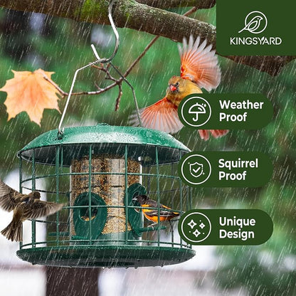 Kingsyard Tube Squirrel Proof Bird Feeders for Outdoor Hanging, Metal Caged | Rain Proof Covered, Wildbirds Finches Bluebird, 4 Feeding Ports, Green