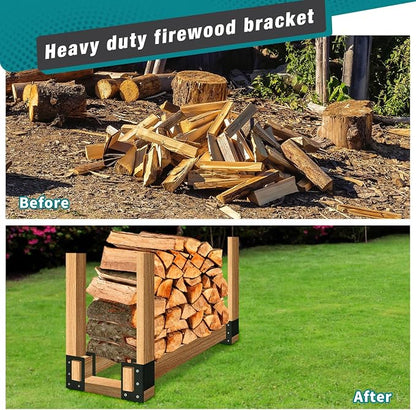 Firewood Log Storage Rack Bracket 4 Pack,Fireplace Wood Storage Holder,Indoor Outdoor Adjustable Heavy Duty Powder Coated Steel Holder with Wood Screws