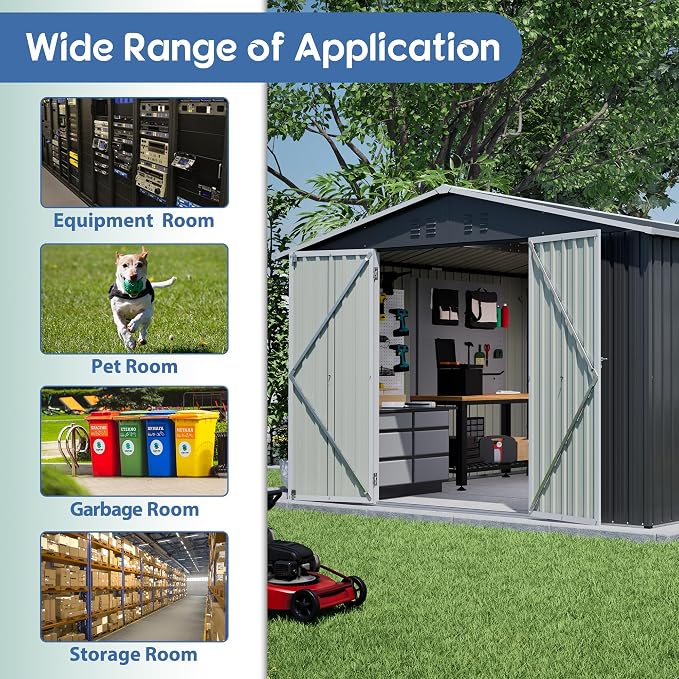 PVWIIK 10x10 FT Large Outdoor Metal Storage Shed, Heavy Duty Waterproof Steel Garden Tool Shed with Lockable Doors, Utility Storage Building for Backyard Patio Lawn Garden, Black