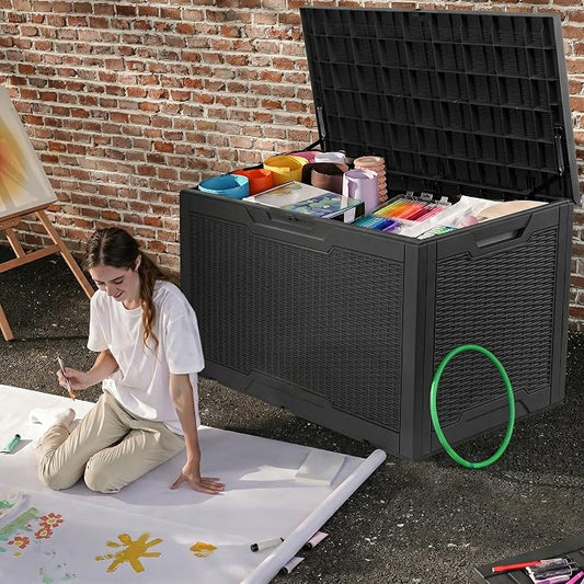 DWVO 100 Gallon Outdoor Storage Box, Lockable Water Resistant Deck Box for Patio, Essentials, Tools, Supplies - Black