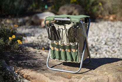 Picnic TIME Star Wars Darth Vader Gardener Folding Seat with Tools, Folding Garden Stool with Detachable Tote and Hand Tool Set Organizer, Portable Gardening Chair, (Olive Green with Beige Accents)