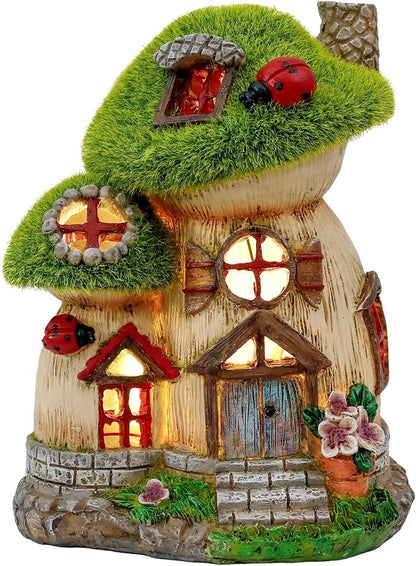 TERESA'S COLLECTIONS Mushroom Garden Statues with Outdoor Solar Light, Green Flocked Christmas Decorations for Home, Resin Fairy House Accessories Outdoor Decor Yard Thanksgiving Gifts for Mom, 8“