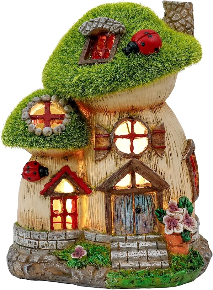 TERESA'S COLLECTIONS Mushroom Garden Statues with Outdoor Solar Light for Garden Decor, Green Flocked Decorations Resin Fairy House Accessories, Outdoor Decor Yard Gifts for Mom Women
