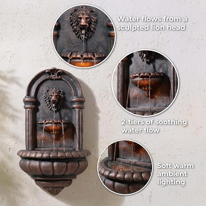 Teamson Home 32.1 in. Wall-Mounted Lion Head Stone LED Outdoor Water Fountain for Gardens, Landscaping, Patios, Balconies, Lawns to Create a Calming Oasis in Outdoor Living Spaces, Antique Bronze | Lion Head, Tiered Water Feature, LED Light, For Garden...
