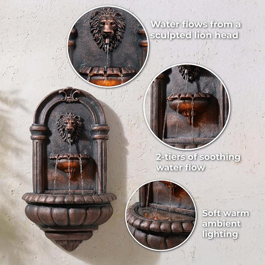 Teamson Home 32.1 in. Wall-Mounted Lion Head Stone LED Outdoor Water Fountain for Gardens, Landscaping, Patios, Balconies, Lawns to Create a Calming Oasis in Outdoor Living Spaces, Antique Bronze | Lion Head, Tiered Water Feature, LED Light, For Garden...