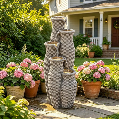 Autodaya 5-Tier Faux Rattan Outdoor Water Fountain & Waterfalls with Lights | Unique Natural Vase Water Feature With Cascading Soothing White Noise, Tranquil Oasis For Garden, Patio, Yard, Or Porch Decor