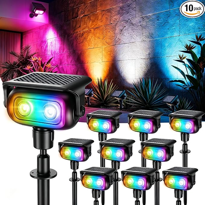 Brizled Solar Powered Outdoor Spot Light Color Changing Landscape Spotlight | RGB 9 Color & 11 Mode; 360° Rotation; IP65 Waterproof; Adjustable Height; Stake or Wall Mounted for Yard Tree Garden Pathway