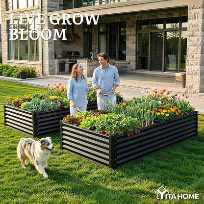 YITAHOME 8x4x1.5ft 2pcs Large Raised Garden Bed Kit, Galvanized Metal Planter Box with Gloves, Ground Nails & Safety Rubber, Outdoor Above Ground Planters for Plants Vegetables Flowers, Black