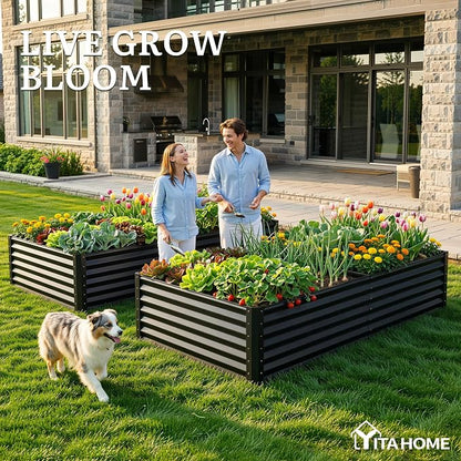 YITAHOME 2pcs 8x4x1.5 ft Galvanized Raised Garden Bed Kit, Large Metal Planter Box with Gloves, Safety Rubber & Support Rod, Outdoor Flower Bed for Plants Vegetables, Black
