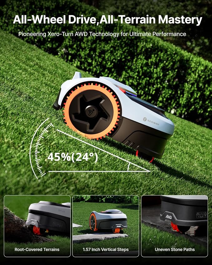 Segway Navimow i206 AWD Robot Lawn Mower Wire Free with Garage S, All-Wheel Drive for 45% Slopes, EFLS NRTK + Vision Auto Mapping, Covers 0.15 Acre (Garage Shipped Separately)
