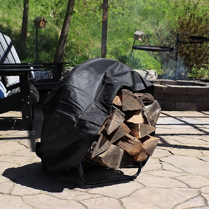 Sunnydaze 24-Inch Firewood Rack with Cover - Black Indoor Firewood Holder - Log Holder Hoop and Cover Set - 300-lb Capacity