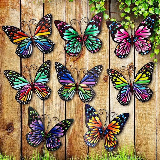 Jetec 8 Pcs Metal Butterfly Wall Decor 6.5 Inch Outdoor Butterflies Wall Art Sculpture 3D Butterfly Hanging Decoration for Spring Outside Fence Garden Yard Home Patio Balcony(Cute Style)