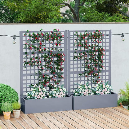Outsunny Galvanized Raised Garden Bed with Trellis, Metal Planter Box with Drainage Holes, Outdoor Privacy Screen for Climbing Plants, Vegetable, Vines, 43" x 16" x 70", 2 Pack, Gray Wood Effect
