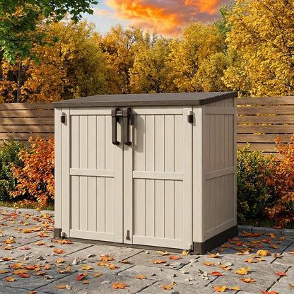 Outdoor Horizontal Resin Storage Box 36 Cu Ft with Lockable Doors, Portable Outdoor Storage Shed -Waterproof Outdoor Storage Cabinet for Garden Brown-Beige