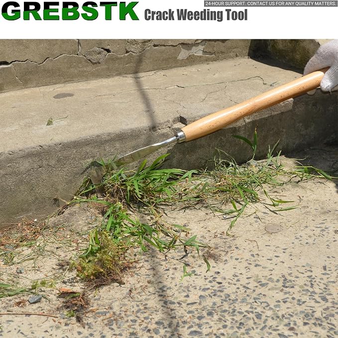 GREBSTK Crack Weeder Crevice Weeding Stainless Steel Sharp Tool, 22 in | Razor-Sharp Rust-Resistant L-Shaped Blade, Solid Beech Wood Non-Slip Handle, for Patio Cracks, Driveway Gaps, Walkway Edging