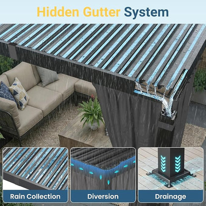 10' x 12' Louvered Pergola, Aluminum Frame Outdoor Pergola with Adjustable Louvered Roof, Curtains & Netting, Patio Hardtop Gazebo with Gutter System for Deck, Garden, Yard, Dark Gray