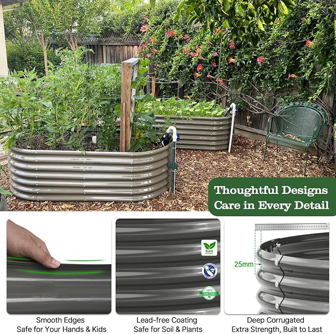 A ANLEOLIFE 8x4x2ft Galvanized Raised Garden Bed Kit, Oval Metal Deep Root Planters for Outdoor Plants Vegetables Flowers Herb, Large Bottomless, 478 Gallon Capacity- Quartz Grey