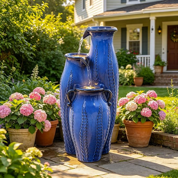 29.5" H Ceramic Outdoor Water Fountain with LED Lights, 3-Tier Vase Cascading Water Feature, Cobalt Blue with Embossed Leaf Patterns, Tranquil Waterfall for Garden, Patio, Yard, or Porch