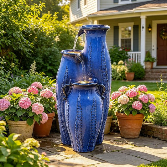 29.5" H Ceramic Outdoor Water Fountain with LED Lights, 3-Tier Vase Cascading Water Feature, Cobalt Blue with Embossed Leaf Patterns, Tranquil Waterfall for Garden, Patio, Yard, or Porch