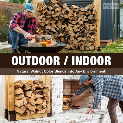 TIDYBOSS 2 Pack Firewood Rack Outdoor | 2x4 Brackets for Wood | Lumber Storage Rack Log Holder | Adjustable to any Length with Seal Strip, Gloves, Steel Plates and Screws (Dark Brown)