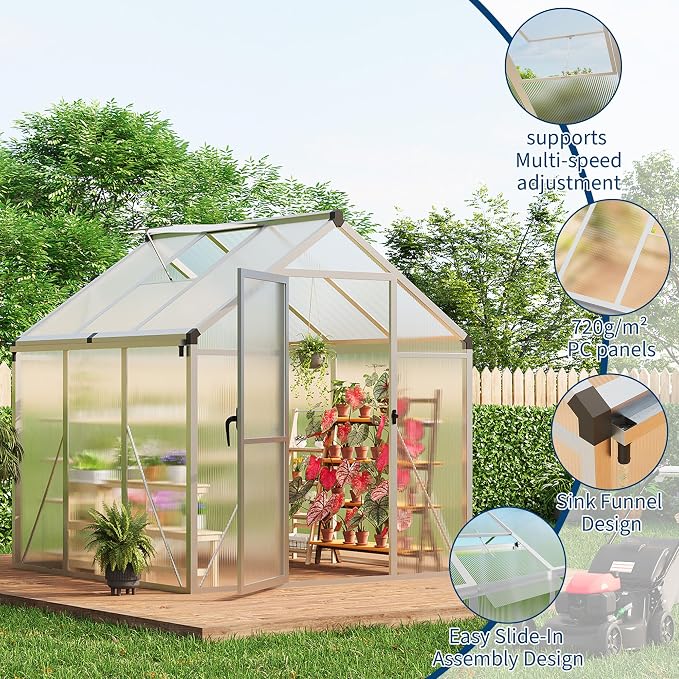 6X6 Ft Polycarbonate Greenhouse Sunroom with Aluminum Frame, Outdoor Greenhouse for Vegetables Herbs Flowers, Lockable Door & Adjustable Roof Vent, Patio Backyard Greenhouse Kit for Gardening, Silver