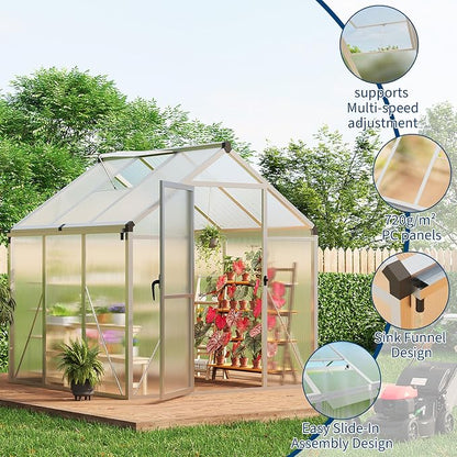 6X6 Ft Polycarbonate Greenhouse Sunroom with Aluminum Frame, Outdoor Greenhouse for Vegetables Herbs Flowers, Lockable Door & Adjustable Roof Vent, Patio Backyard Greenhouse Kit for Gardening, Silver