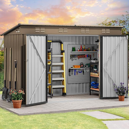 DWVO 9x4ft Large Outdoor Storage Shed, Metal Tool Sheds, Heavy Duty Tool Storage with Lockable Doors & Air Vent for Backyard Patio Lawn to Store Bikes, Tools, Lawnmowers,Brown