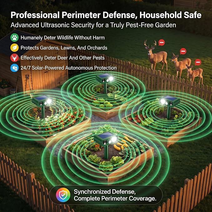 2026 Upgraded Sonic Fortress Pro Deer Repellent Devices,Solar Ultrasonic Animal Repellent with Motion Sensor & Strobe Light Waterproof Cat Deterrent Outdoor for Backyard,Yard,Flower Bed 4Pack