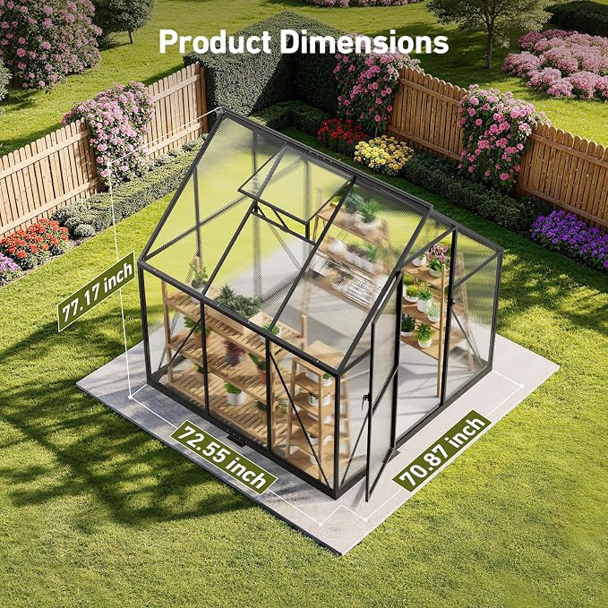 6x6FT Walk-in Greenhouse with Hygrometer, Polycarbonate Greenhouse, Greenhouse Kit with Vented Roof Window, Windproof Aluminum Frame with Quick-Installation Structure, Suitable for Gardening