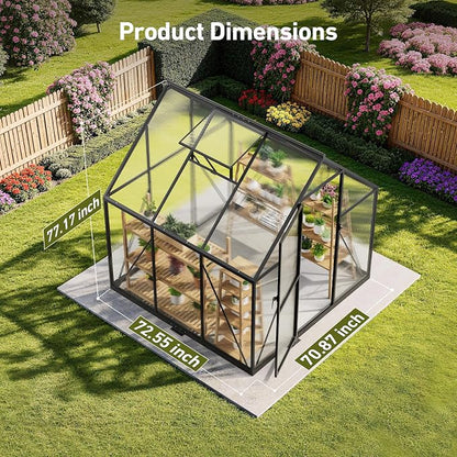 6x6FT Walk-in Greenhouse with Hygrometer, Polycarbonate Greenhouse, Greenhouse Kit with Vented Roof Window, Windproof Aluminum Frame with Quick-Installation Structure, Suitable for Gardening