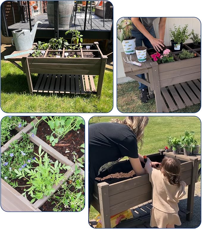 Raised Garden Bed Outdoor with Wheels, 52.7" Elevated Wooden Garden Bed with 8 Planter Boxes, Removable Dividers, Storage Shelf, Standing Mobile Planter with Non-Woven Liner