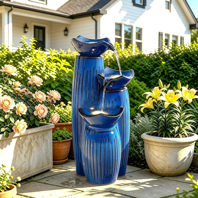 Autodaya 30"H Ceramic Water Fountain Outdoor, 3-Tier Geometric Lotus Design | Patio Fountain with Fluted Texture, Relaxing Cascading Waterfalls, Modern Water Feature for Garden Lawn Porch Yard Art Decor