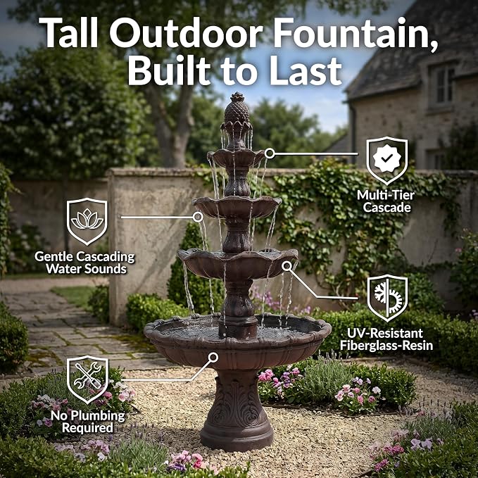 Sunnydaze Grand Courtyard 4-Tier Large Outdoor Water Fountain - 80" Tall Outdoor Fountain - Tiered Electric Garden Water Feature for Patio, Backyard, or Yard - Faux Stone Resin - Dark Chestnut