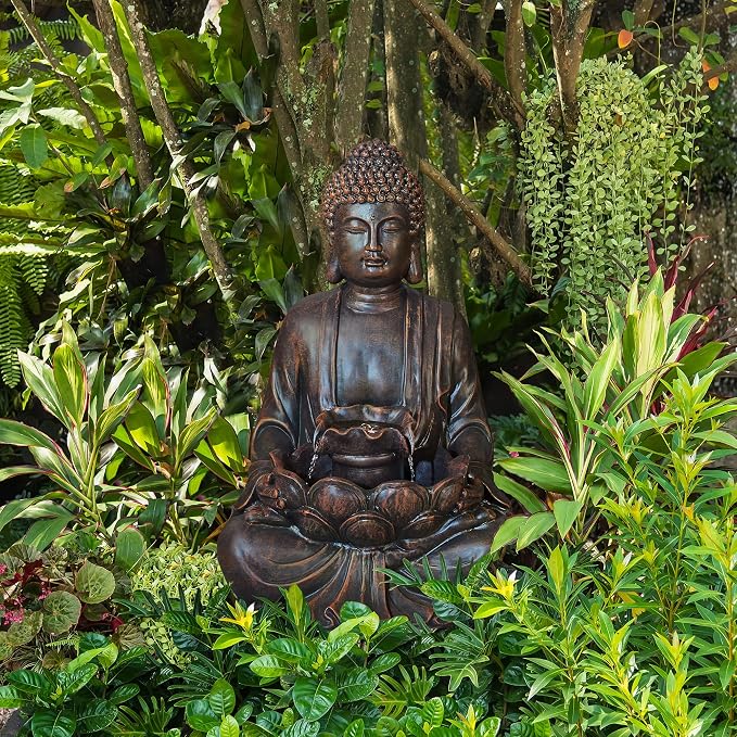 Glitzhome Zen Style Meditating Buddha Statue Fountain Polyresin Outdoor Decoration with Pump and LED Light, 23.25" H
