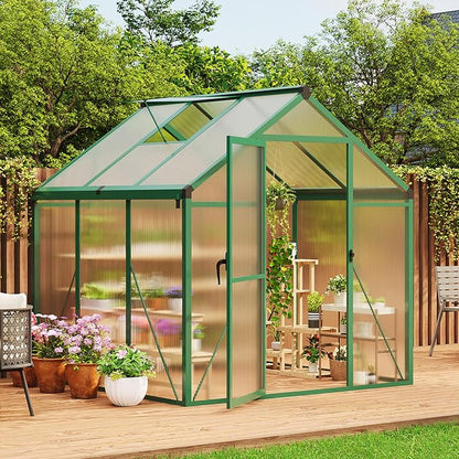 6x6 ft Walk-in Greenhouse, Polycarbonate Panels with Reinforced Aluminum Frame, Large Garden Green House for Planting and Seed Starting, Quick-Assembly Structure with Adjustable Roof Vent