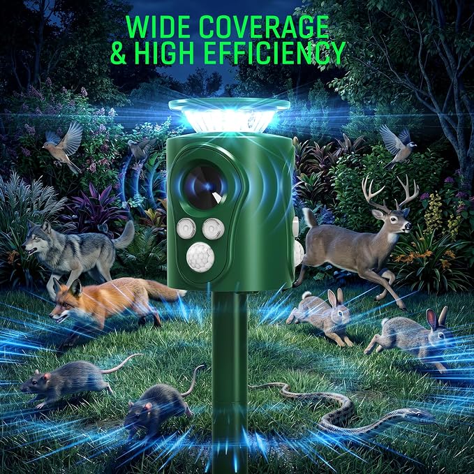360° Solar Ultrasonic Animal Repeller Outdoor - Deer Cat Squirrel Repellent Devices with Eagle & Wolf Sound, Motion Sensor Bird Raccoon Deterrent, IP66 Waterproof (Deep Green)